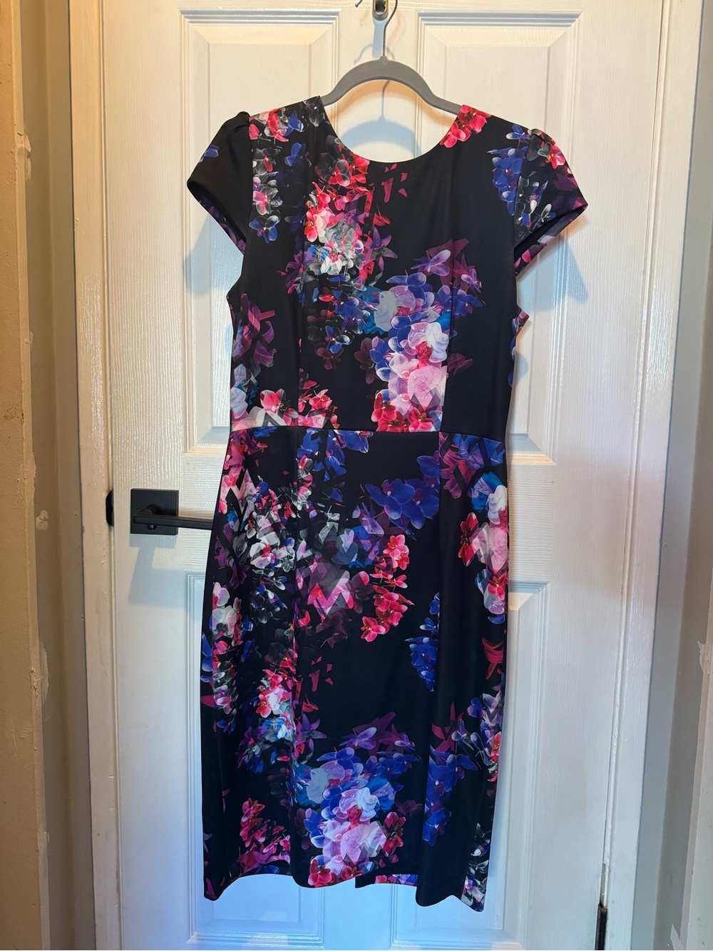 Betsey Johnson Navy Floral Cap-Sleeve Sheath Dress with Pink & Purple Blooms